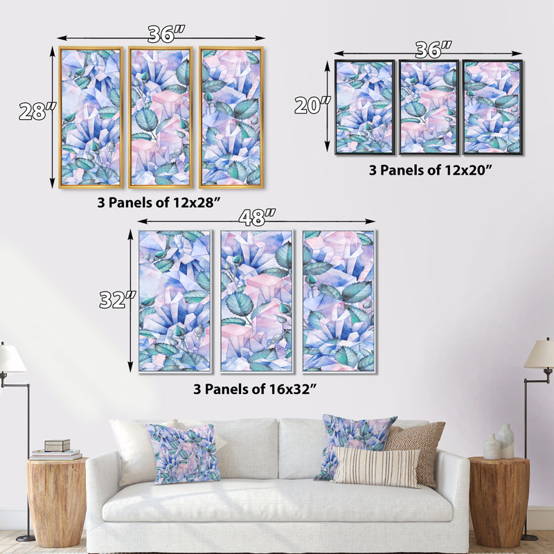 «Blue Leaves In Pink Chr Crystal Landscape», ensemble de 3 impressions sur toile à cadre flottant, Cadre blanc