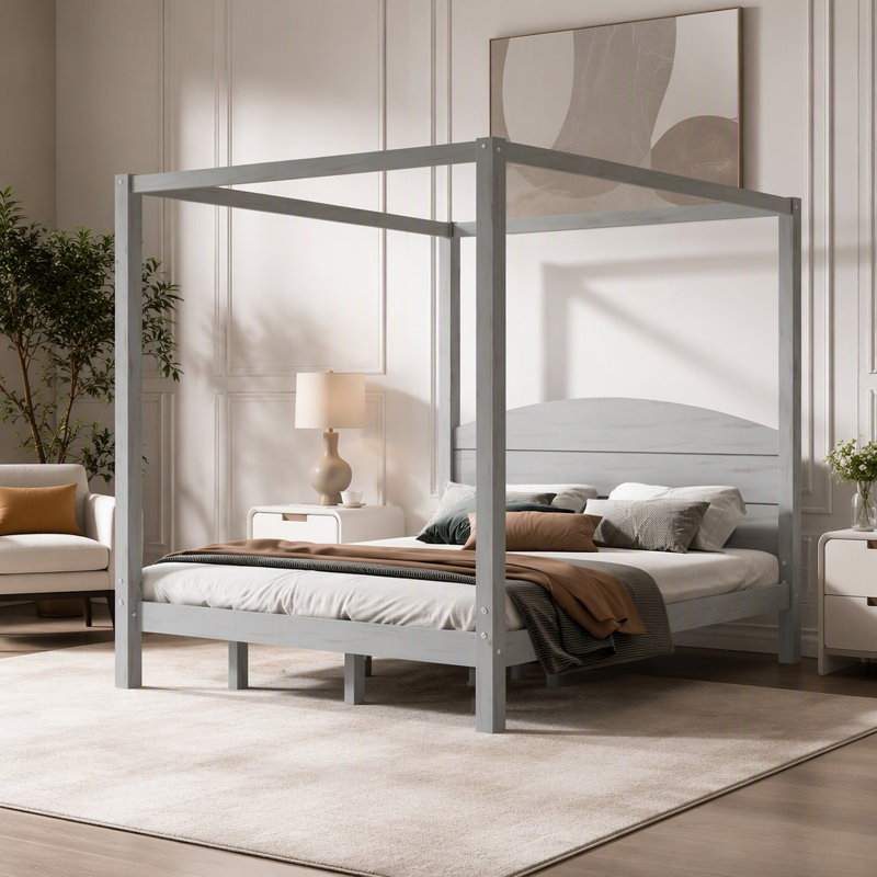 Très grand lit plateforme à baldaquin avec tête de lit et pieds de soutien, gris délavé