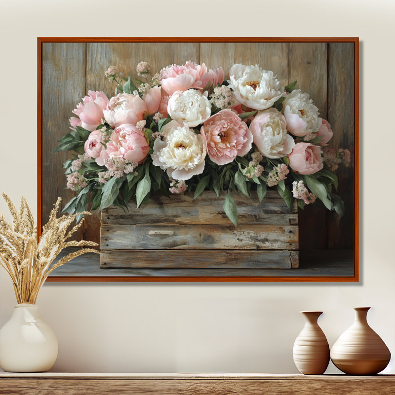 "Farmhouse Chic Bouquet II" - pivoines, reproduction d'art sur toile encadrée, H 30 po x l 40 po, Brun