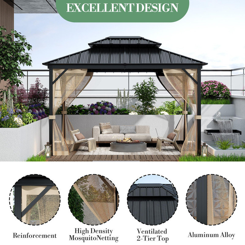 Pavillon de jardin à toit rigide 10 pi x 14 pi avec double toit en acier, rideaux et filet - Idéal pour le patio, la cour arrière ou la terrasse