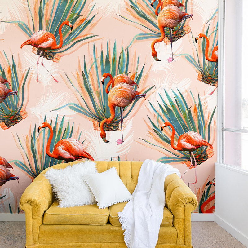 Murale marta barragan camarasa flamant roses cactus, L 96 po x l 144 po