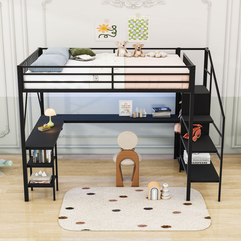 Metal Loft Bed With Open Wardrobe, LED Light, Desk, Charing Station And Storage Stair, Queen, Black