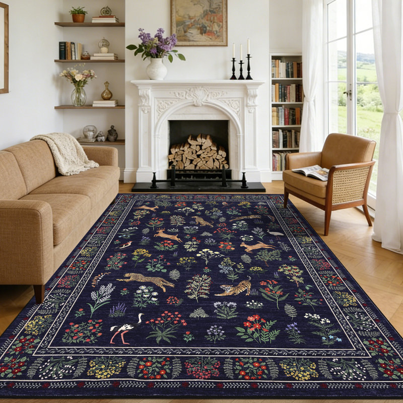Tapis floral lavable pour animaux 6 x 9 de style campagnard antidérapant pour le salon, tapis à poils courts qui ne perd pas ses poils, tapis intérieur pliable et doux pour la chambre à coucher, la salle de jeux et la chambre de bébé, bleu