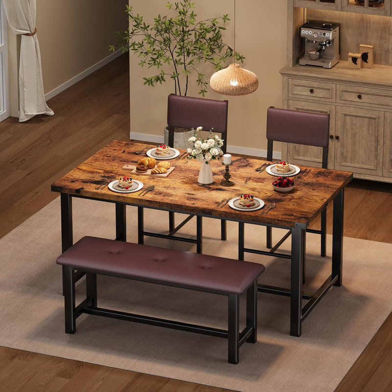 Dining Table Set For 4, Kitchen Table And 2 Upholstered Chairs With Bench, Brown