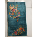 Rectangle Allover Floral Antique Hand Knotted Pile Wool 1920s Blue Rug