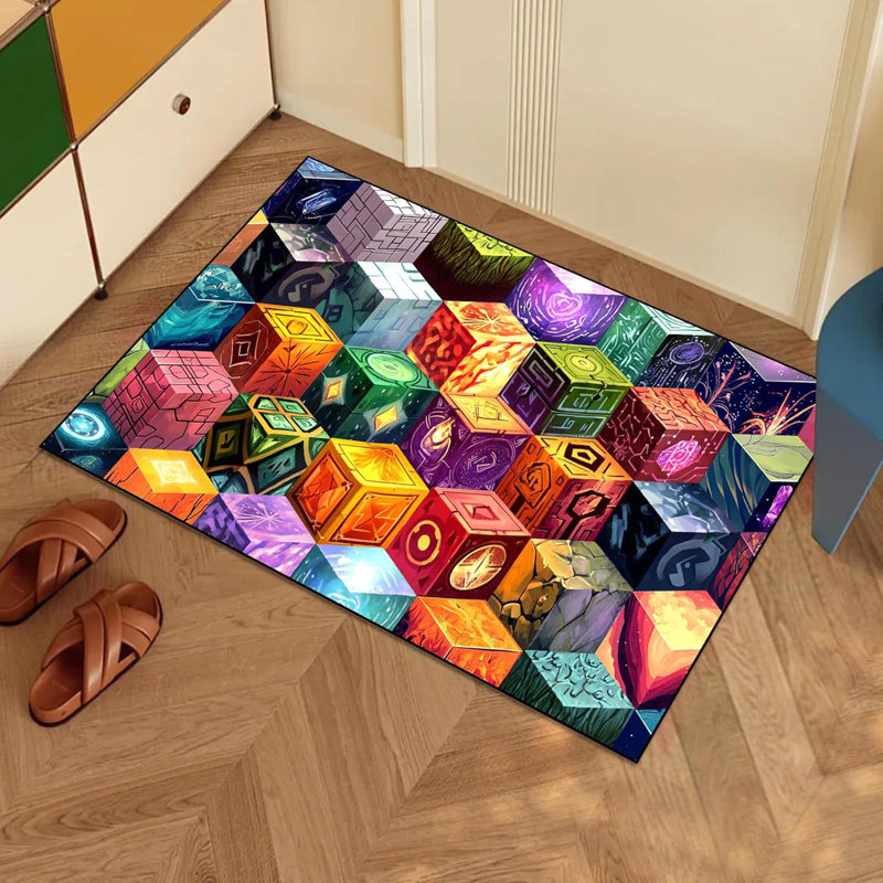 Magic Games Pixel Rug For Teen - 60"X40" Non-Slip Cube Block Mat, Kids Gaming Carpet For Bedroom, Doormat, Living Room & Playroom