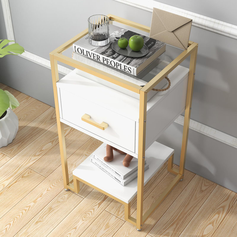 Tenille Glass Top End Table, White/Gold