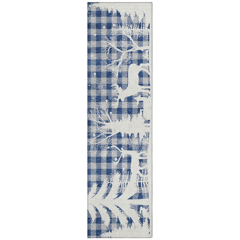 Machine Washable Indoor/Outdoor Christmas Reindeer Xhevrie Blue Rug, Runner 2'3" x 7'6"