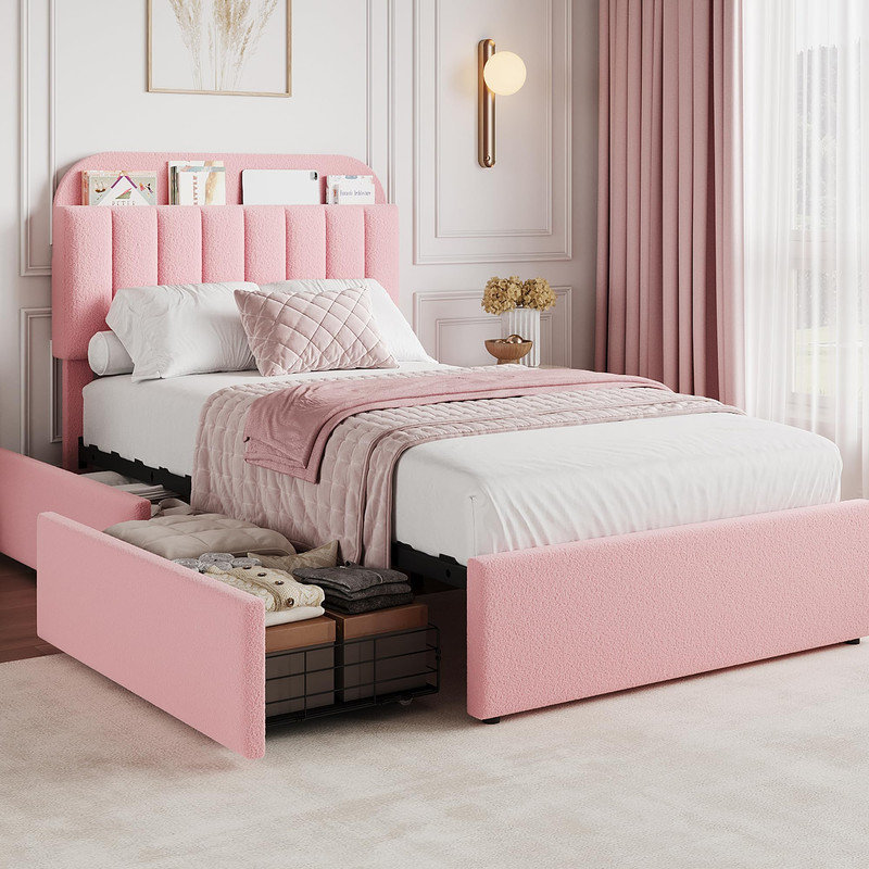 Twin Size Boucle Upholstered Platform Bed with Storage Headboard & 2 Drawers - Wood Slat Bed Frame, No Box Spring Needed
