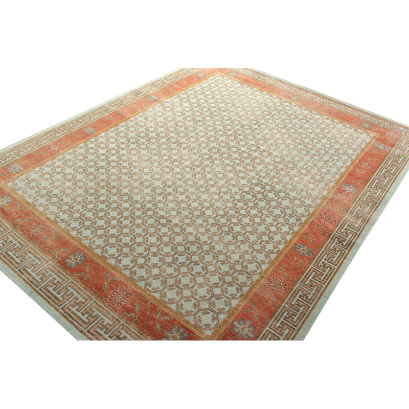 Distressed Homage Hand Knotted Wool Geometric Area Rug in Blue, Red, Beige, Orange, Rectangle 10' x 14'