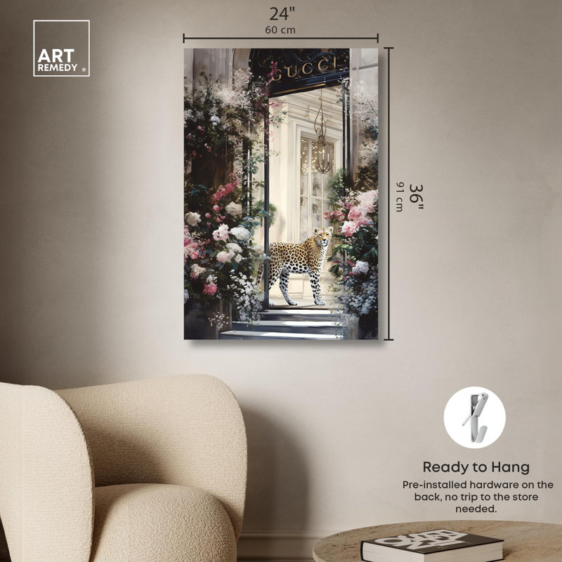 Large Floral and Leopard Canvas Wall Art in Beige and Green