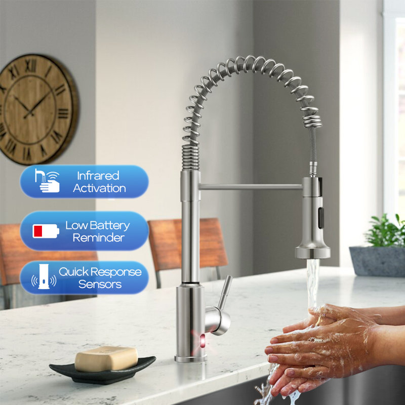 Robinet de cuisine à poignée simple sans contact avec plaque de pont KPAida, nickel brossé