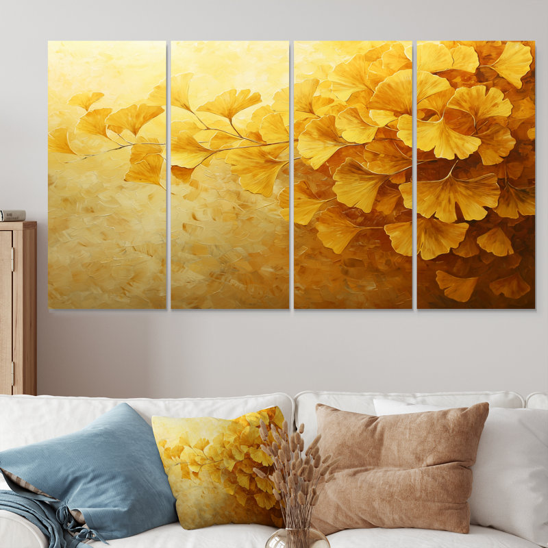 Golden Ginkgo feuilles Harmoy II - Ginkgo Art - ensemble de décoration murale traditionnelle, H 28 po x l 48 po, 4