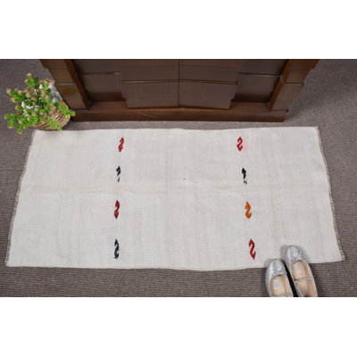 Tapis turc en laine tissé à la main, tapis de porte de 2 pi, beige neutre, design minimaliste, accents rouges