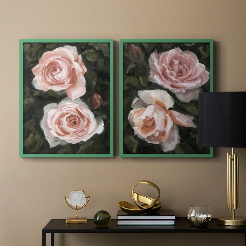 «Peachy Roses I», reproduction encadrée de qualité supérieure - prête à être accrochée - aucun clou requis - aucun clou requis