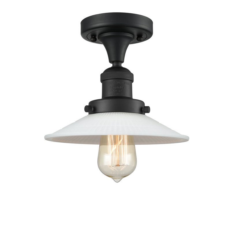 Katalina Glass Semi Flush Mount, Matte Black, Matte White Halophane, 6 Watt Vinage LED Bulb
