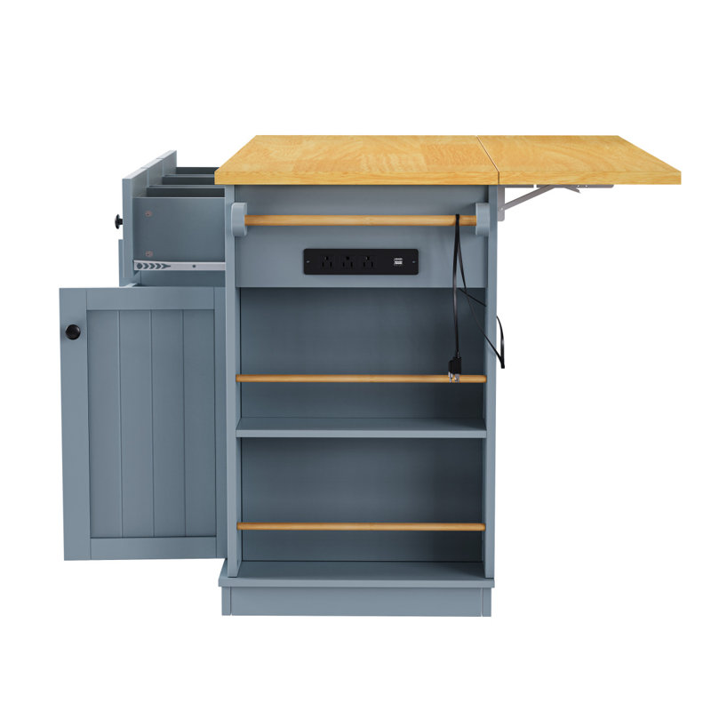 K&K 53Inch Large Kitchen Island With 2 Bar Stools, Power Outlet,Door Internal Storage Rack,Kitchen Storage Cart On 5 Wheels With Drop Leaf,5 Open Side Racks,3 Drawers For Kitchen,Dining Room,Grey Blue