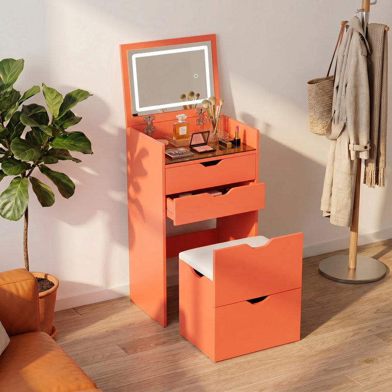Table de coiffeuse, coiffeuse et miroir 3-en-1, Orange