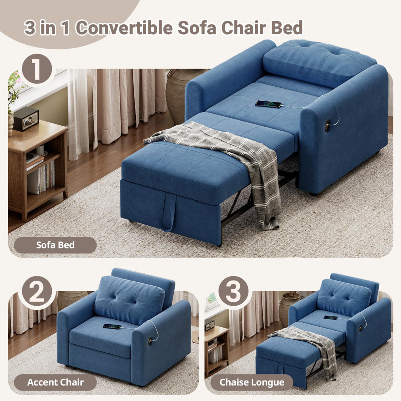 3 In 1 Accent Chairs Bed, Convertible Sleeper Chair Bed With Usb & Type-c Ports, Side Pocket, Pull Out Accent Chairs Bed Linen Armchair With Adjustable Backrest For Living Room/apartment/small Space