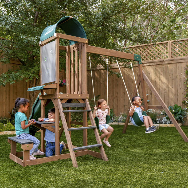 Portique en bois avec table, banc et panneau d'art Wilderness Point