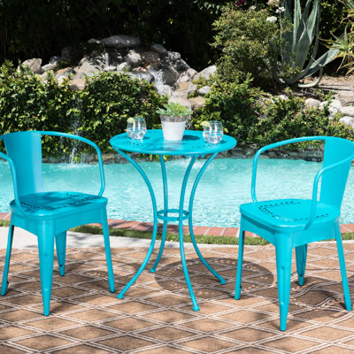 Ensemble de table et de chaises d'extérieur en fer forgé, couleur turquoise, revêtement en poudre, 3 pièces.