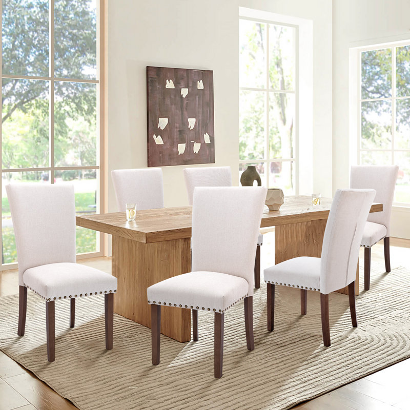 Nailhead Trim Fabric Upholstered Side Chair Wood Dining Chair (Set of 6), Beige