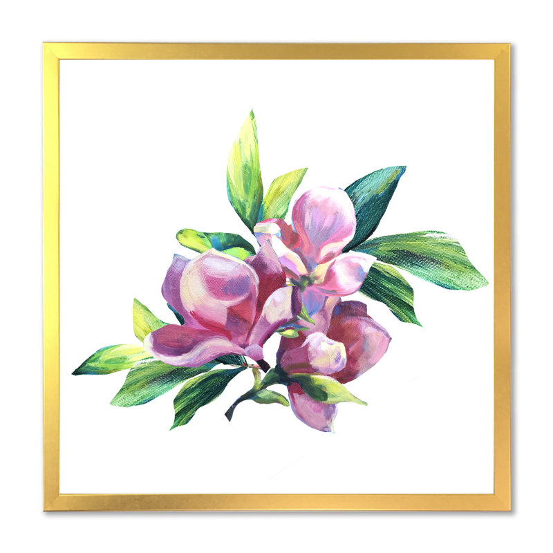Arrangement de fleurs vertes et roses III - On, Encadrement doré, H 36 po x l 36 po x P 1,5 po