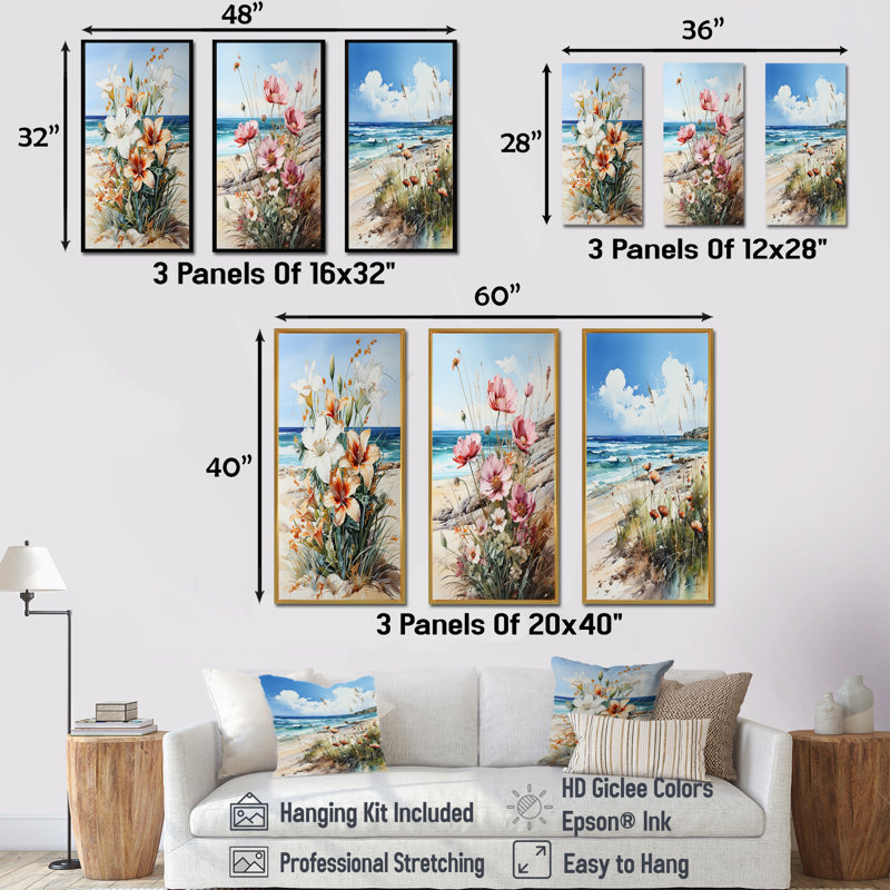 Fleurs saisonnières sur la plage - Ensemble de 3 impressions sur toile, H 28 po x l 36 po, Cadre flottant blanc