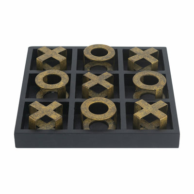 10x10x1" Black Wooden Tic-Tac-Toe Game Set with Gold Iron Pieces