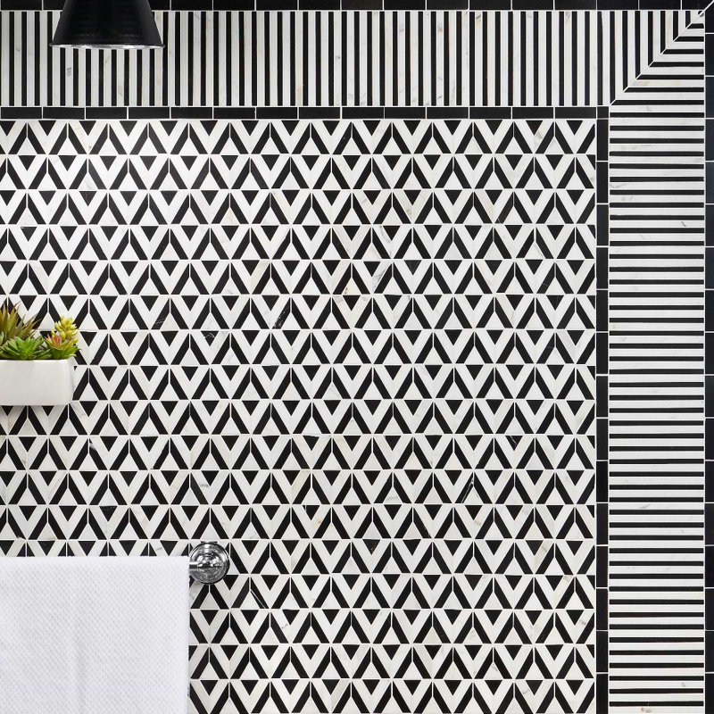 Monroe Corner Calacatta And Black Jade 8X8 Marble Mosaic Tile