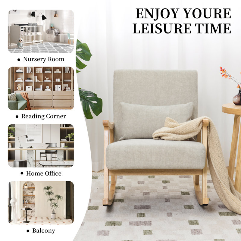 Chaise berçante à bascule rembourrée avec pieds en bois et fauteuil à bascule, Gris
