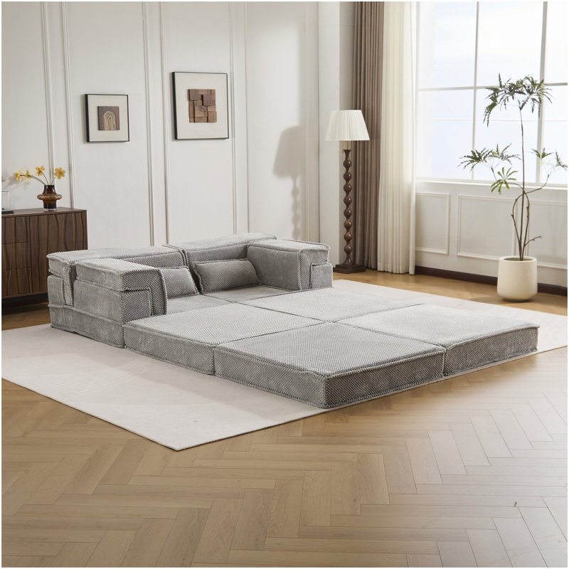 Compression Mahjong Sofa,Convertible Floor Sofa Bed,DIY Boneless Modular Sectional Sofa,No Assembly Required,Circle Fleece Fabric,Oversized 2 Seater With 1 Ottoman,Light-Grey