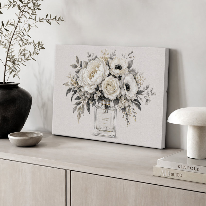 Bouquet de fleurs blanches dans une bouteille de parfum, images de chambre à coucher élégantes, impression sur toile encadrée