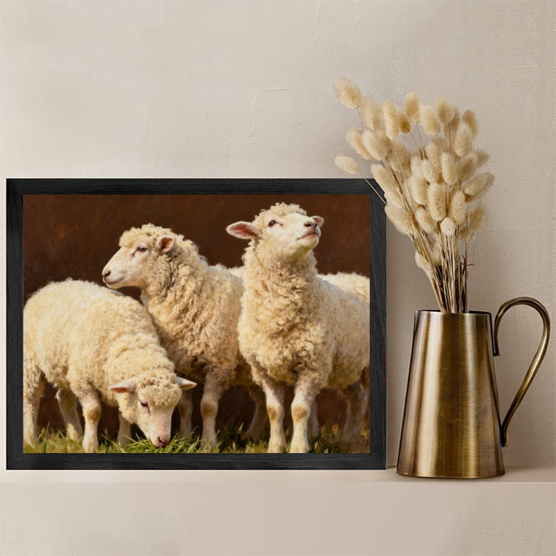 Reproduction d'art encadré noir, petit agneau mignon et douillet, style rétro, H 13 po x l 17 po