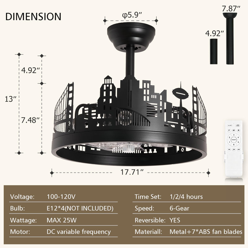 Ventilateur de plafond 17,7 "à 4 lumières moderne avec roulettes noires avec ensemble d'éclairage, télécommande, moteur à courant continu réversible et réglable en hauteur pour une utilisation toutes saisons