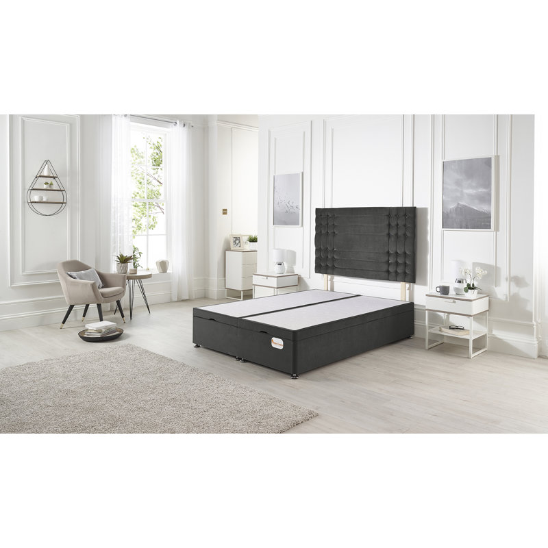 Luxara Solid Wood Ottoman Bed End Opening with Upholstered Headboard Tweed Fabric, Charcoal Tweed, Single (3')