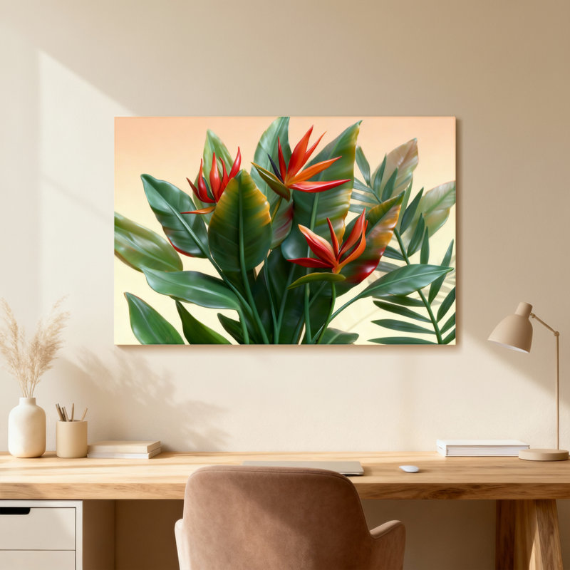 Plantes et fleurs Fleurs tropicales et motif de feuilles vertes, H 24 po x l 36 po, Toile tendue, Ne s’applique pas
