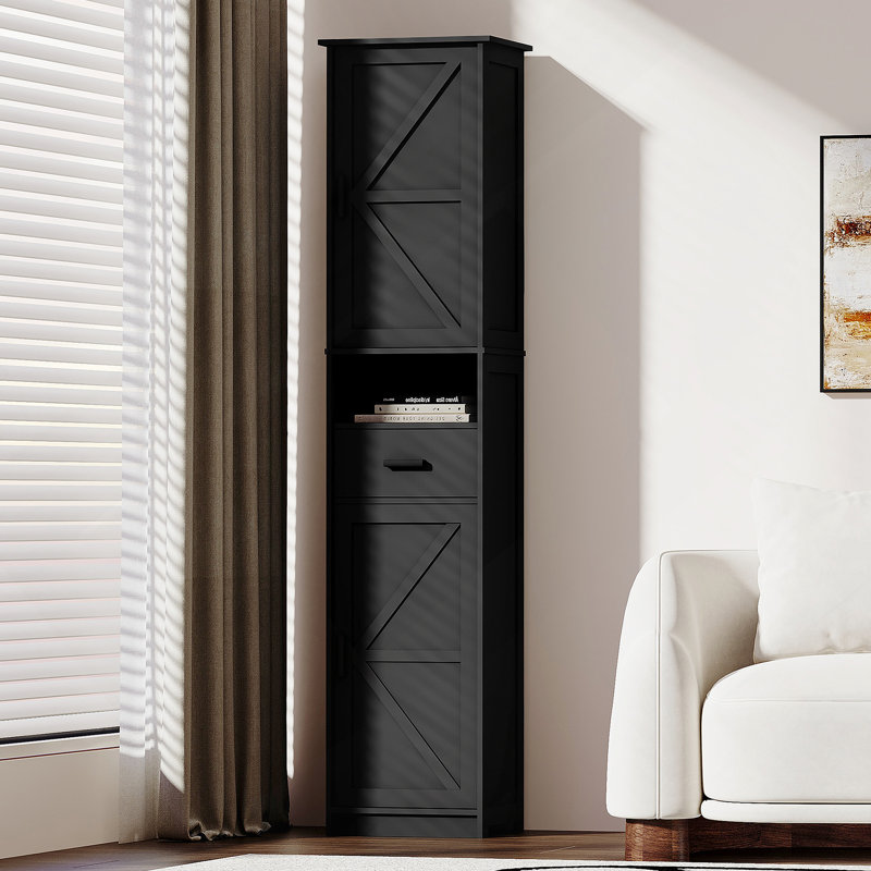 Armoire de rangement de salle de bain avec 2 portes de grange et 1 tiroir, unité de rangement étroite, tablettes réglables,