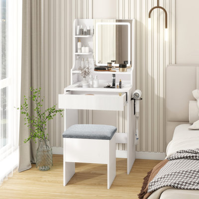 Dressing Table With Charging, Led Lighted Mirror Makeup Vanity With Storage Stool, Glass Tabletop
