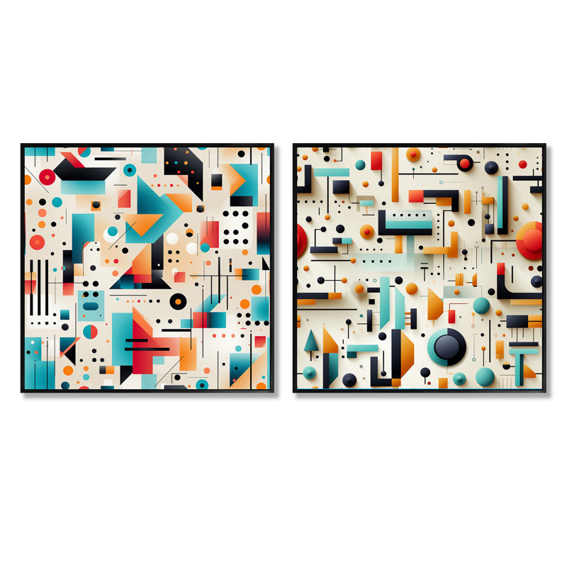 Daichi - Ensemble de 2 collages carrés à formes abstraites, Cadre flottant noir, H 16 po x l 33 po