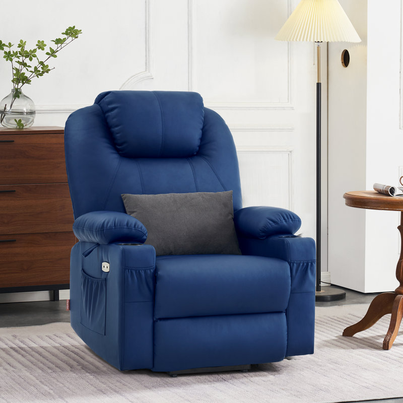22.8" Wide Dual Motor Power Recliner Lift Chair with Massage and Heat, Infinite Position, Faux Leather, Blue Faux Leather