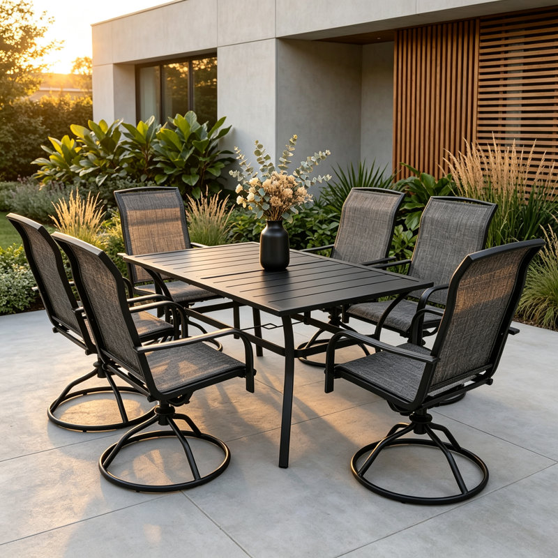 Ensemble de 7 chaises de patio en métal avec chaises pivotantes et table rectangulaire