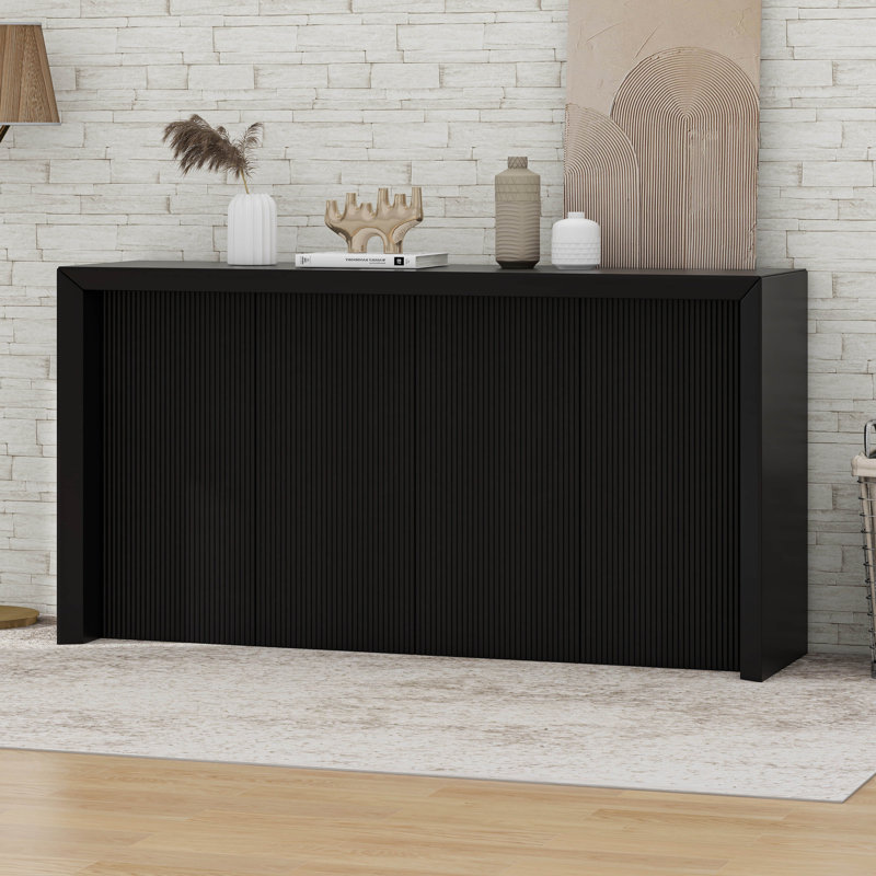 Wood Veneer Simple Entryway Table With Wavy Design, Black