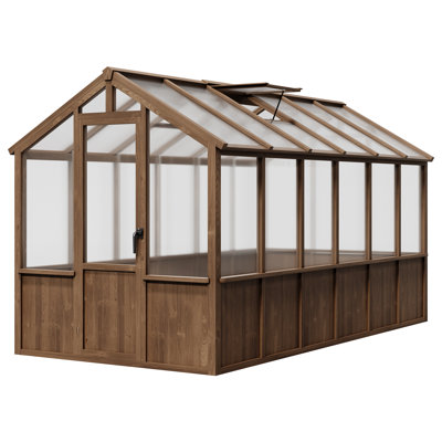 6x12 FT Wooden Greenhouse with Roof Vents, Spruce Frame & Lockable Door, Polycarbonate Panels, Walk-in Garden Villa