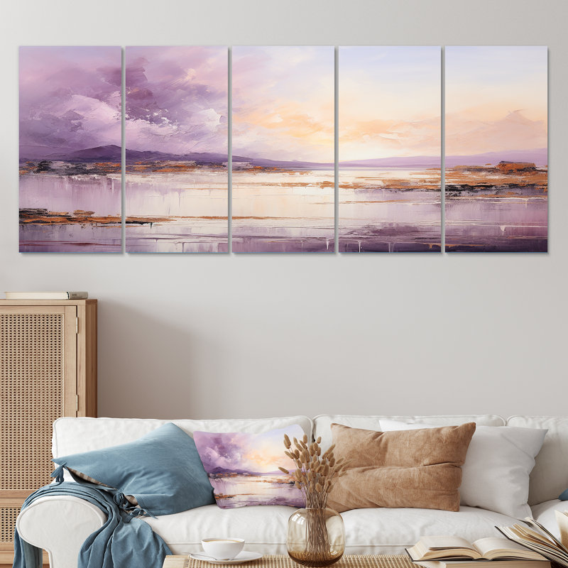 «Art et lac mauve et doré II 5 pièces» - 5 pièces, H 32 po x l 80 po
