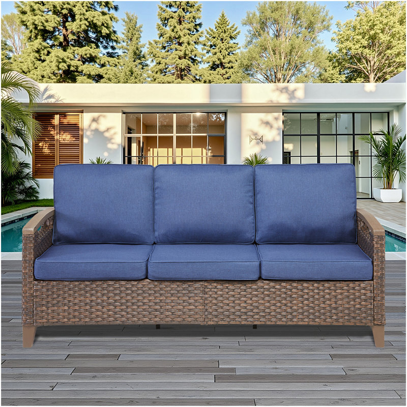 Canapé d'extérieur en osier de 73,6 po de largeur, canapé à assise profonde avec coussins pour la véranda, bleu