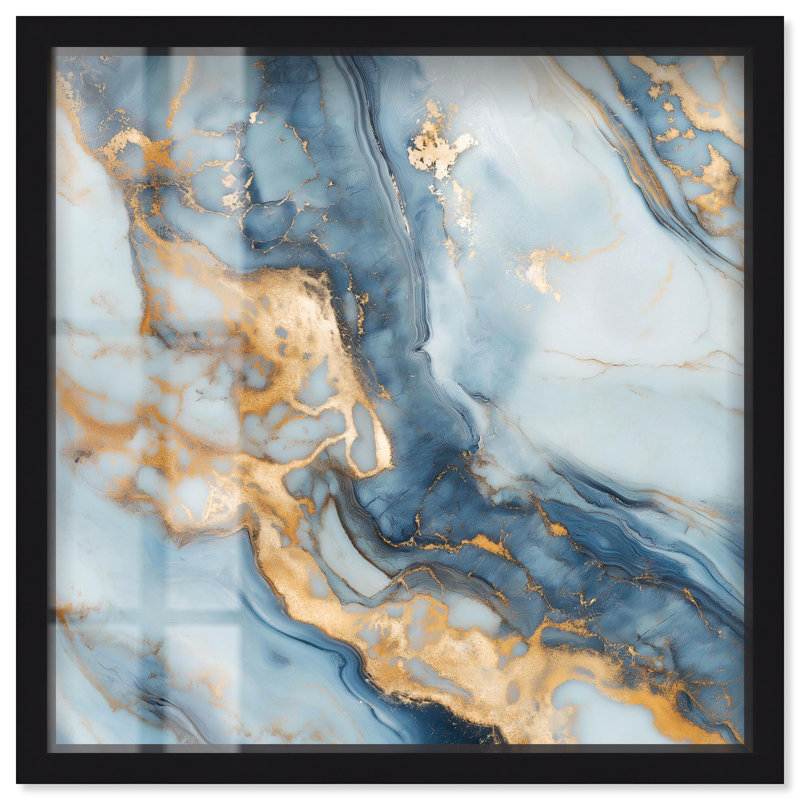 «Golden Cloud Marble Shadowbox», art abstrait bleu par Art Remedy, H 17 po x l 17 po, Noir