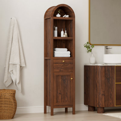 67" Farmhouse Arched Storage Tower With Door And Drawer – Laminate Cabinet With Brass Handles For Living Room, Bathroom, Or Kitchen