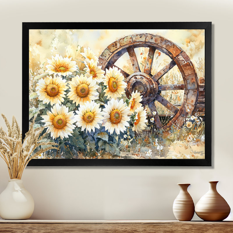 Doten tournesols par roue de chariot, H 12 po x l 20 po, Reproduction encadrée d'une seule photo, Noir, noir, noir, noir