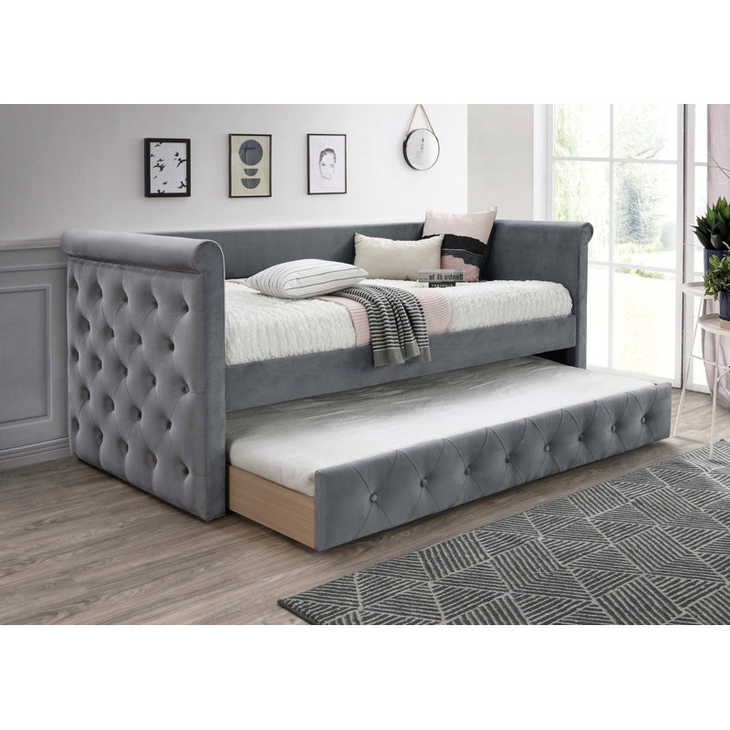 Lit de jour de style contemporain avec lit gigogne capitonné à boutons de style contemporain, Grey